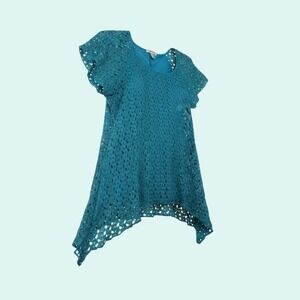 dressbarn Women's Teal L Crochet Knit Asymmetrical Hem Top